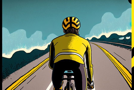 View from the back of a cyclist traveling over a yellow line painted across a roadの素材