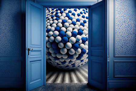 The open door launches blue and white balls into a huge, bright room.の素材