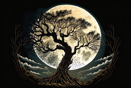 Unsettling tree against a large moonの素材