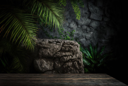 Tropical wood table top in obscurity next to a dark stone wallの素材