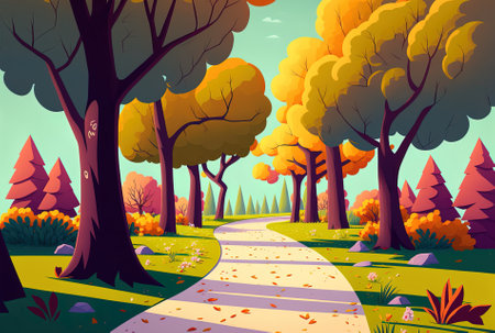 Vertical image of a little road flanked by lovely trees with vibrant foliageの素材