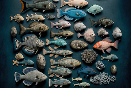 Variety of fish and corals on black background. Top view.の素材