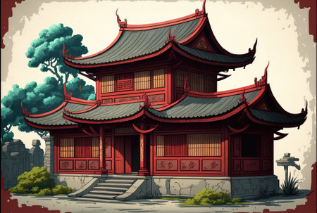 Traditional Chinese Ancient Houses have red tiled eaves and cornersの素材