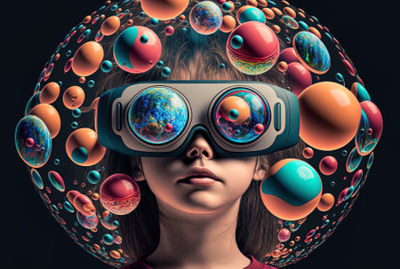 girl with spheres surrounding her and virtual reality glassesの素材