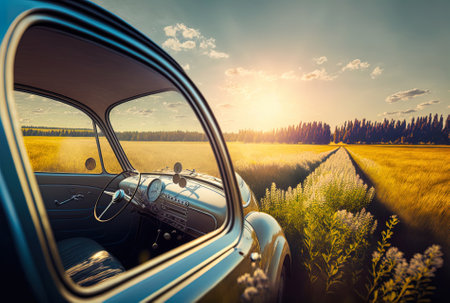 View of a meadow in the sun from a stylish automobileの素材