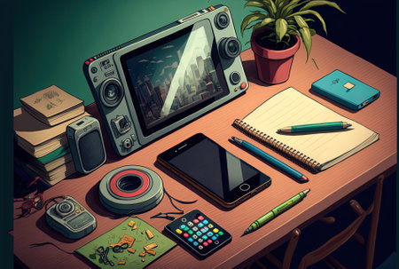 View of a smartphone on a desk with many objectsの素材