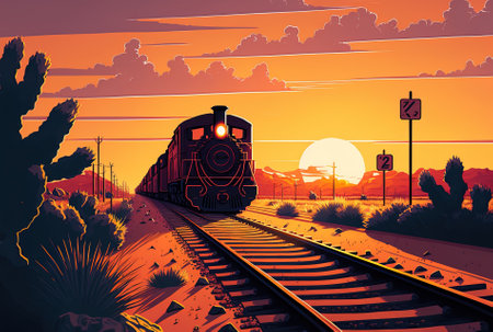 Tracks with a train at sunsetの素材