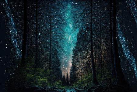 of a forest scene with a starry skyの素材