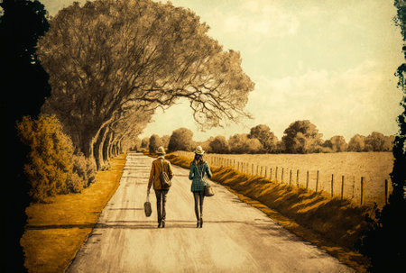 Two people strolling along a country roadの素材