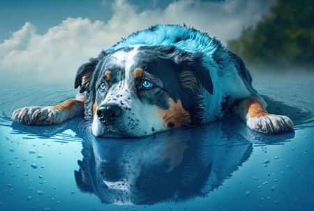 lovely canine summer holidays. dog relaxing in a puddle of blue air. isolatedの素材