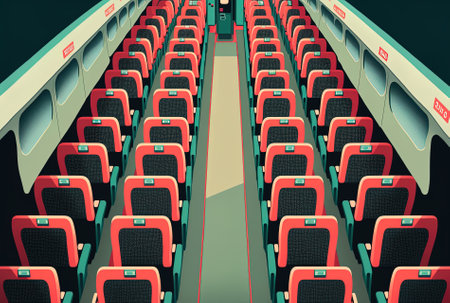 Interior of a modern passenger airplane with rows of seatsの素材