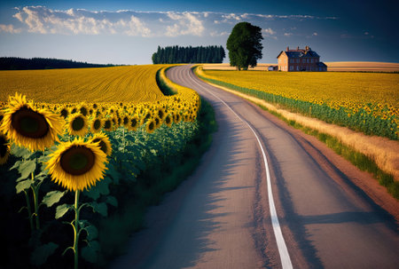 road in the countryside with sunflower fieldsの素材