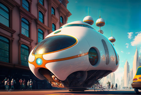 futuristic vehicle for transportation with a metaverse metropolisの素材