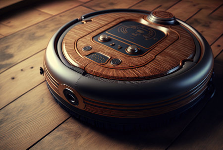 robot vacuum cleaner closeup on hardwood floorの素材