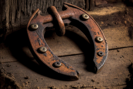 rusty old horseshoe luck charm on old woodの素材