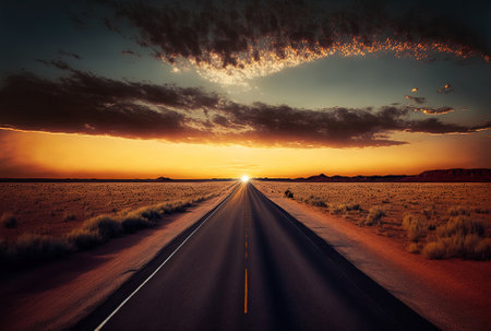 picture of a highway road with a sky and parched grass fields in the sunsetの素材