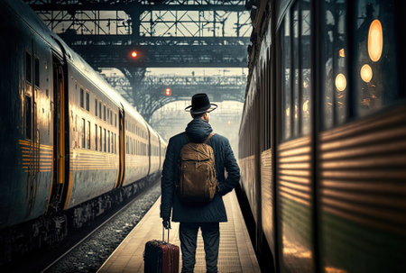 Young man with a suitcase waiting at the train station. Travel conceptの素材