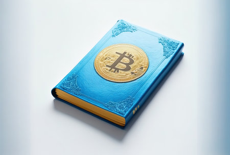 Golden bitcoin coin with the logo of the Blue Book figure on a white background.の素材