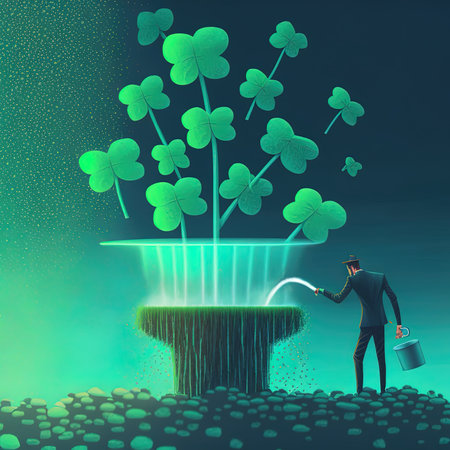 Illustration of business man watering a big four leaf clovers plant, surreal abstract future conceptの素材