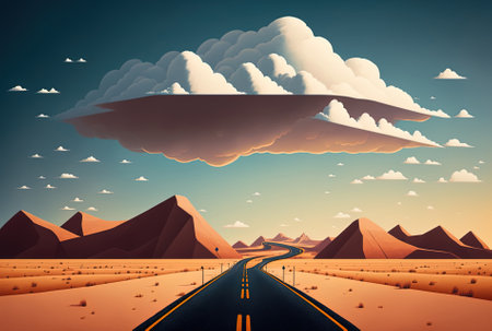 Illustration of a straight road in the desert or with clouds for an advertisingの素材
