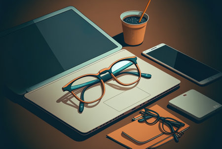 glasses and a laptop on a flat lay deskの素材