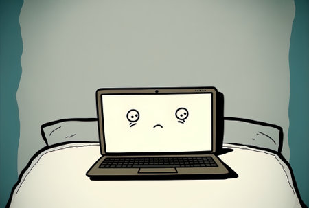 Laptop on bed with two pillows and blank white screenの素材