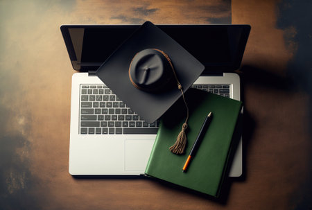 Laptop in top view with academic hat and diplomaの素材