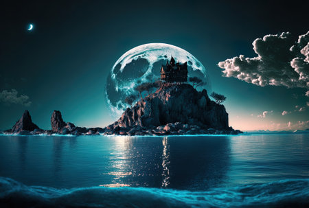 Isle in the ocean with a moonlight skyの素材