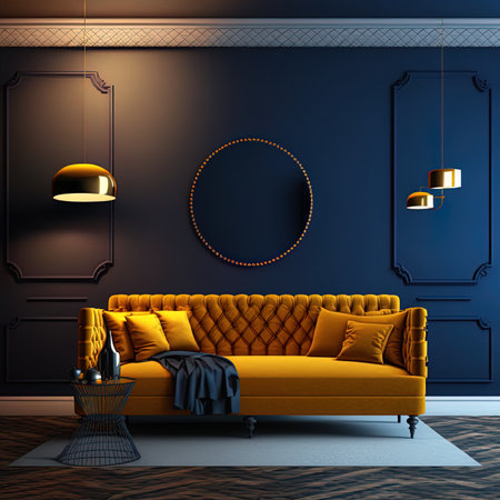 Interior mockup dark blue wall with yellow sofa and decor in living room,3D renderingの素材