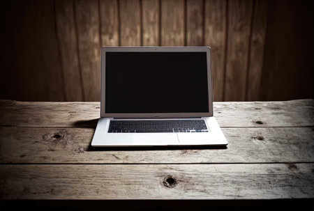 In the cafe, a laptop with a white screen is placed on a wooden table.の素材