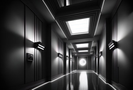 futuristic lit hallway in grayscaleの素材