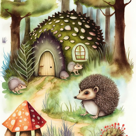 Hedgehog Woodland stories watercolor illustrationの素材