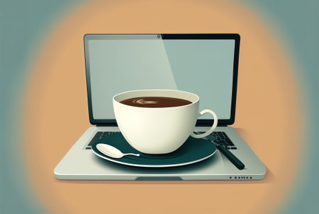 laptop close to eyeglasses, cup on plateの素材