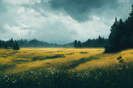 Illustration of meadow nature scenery and cloudy skyの素材