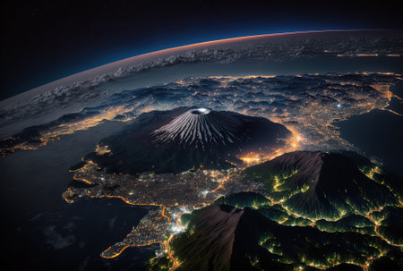 Japan at night, including the Fuji Mountains and Fujikawaguchiko City.の素材