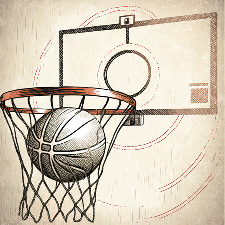 Hand drawn perfect Basketball shot with vintage background Basketball ring and ball insideの素材