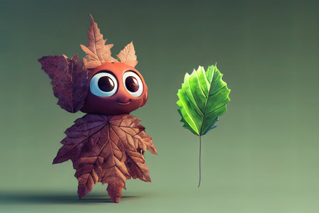 Leaf Mascot character hides his hands behind his back in 3d rendering.の素材