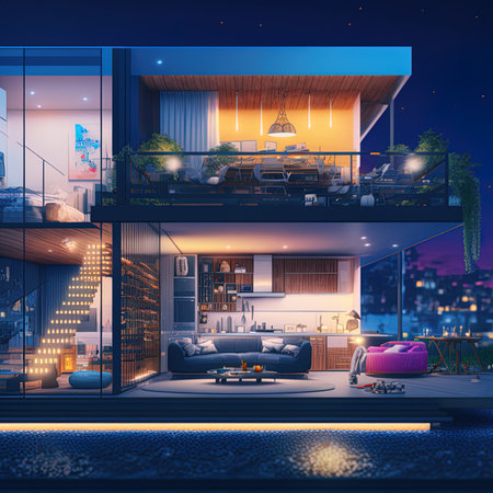 Modern home cross section, night scene, 3d renderingの素材