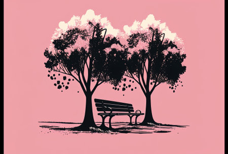 Monochrome image of a bench and two trees on a pink backdropの素材