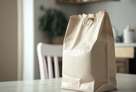 Paper grocery bag in a light colored apartmentの素材