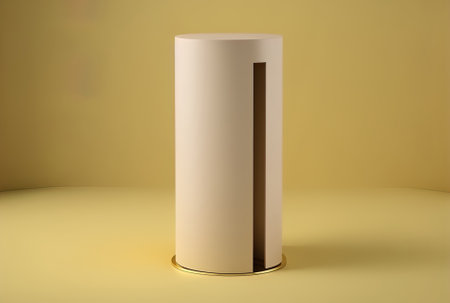 Modern pedestal product stand with cylinder design on a beige backdrop.の素材