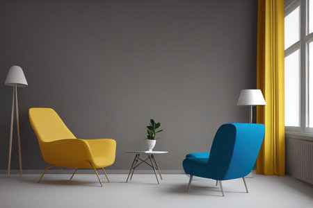 Modern living room interior design. yellow chair on gray wall. Color of the year 2021. 3d renderの素材