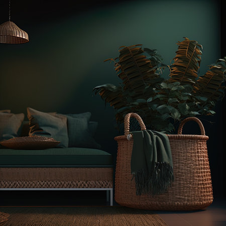 Modern dark green home interior with brown couch and pampas in wicker basket, 3d renderの素材