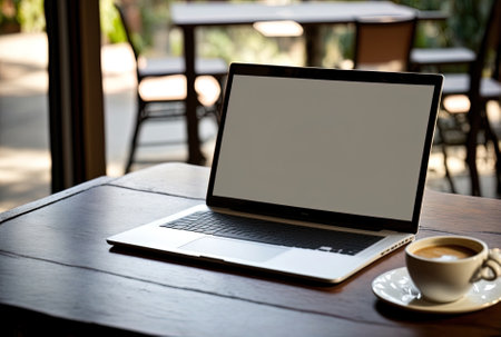On a table at a coffee cafe, a laptop with a blank white screen is open.の素材