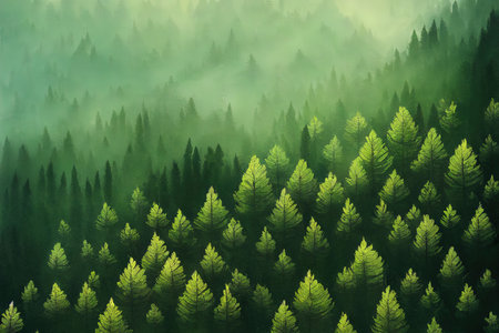 Misty pine forest on the mountain slope in a nature reserveの素材