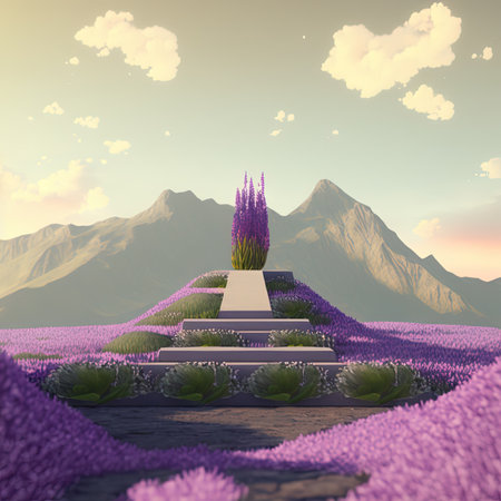 Natural beauty podium backdrop with lavender field. 3d rendering.の素材