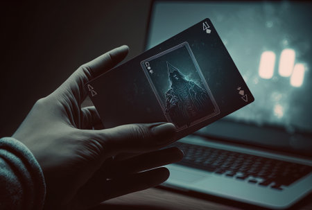 Next to a laptop, a hand holding a cardの素材