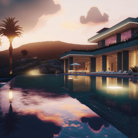 luxurious villa with swimming pool at duskの素材