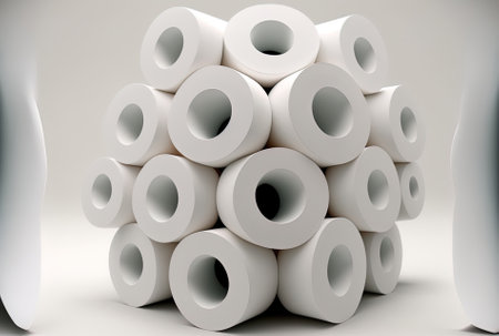 On a white background, there are large rolls of white toilet paper.の素材