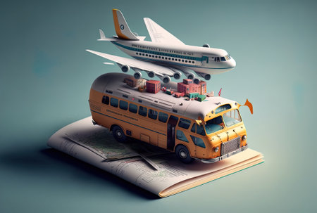 little planes, a bus, a passport, and a mapの素材